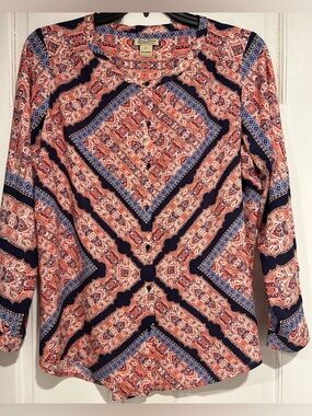 Lucky Brand XL Boho Print Rayon Top Button Front Long Sleeve Lightweight